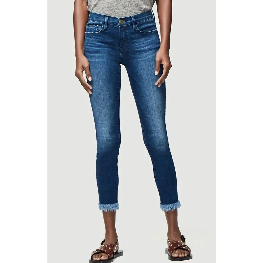 Frame Denim Le Skinny de Jeanne Crop Jeans Shredded Hem Size 26